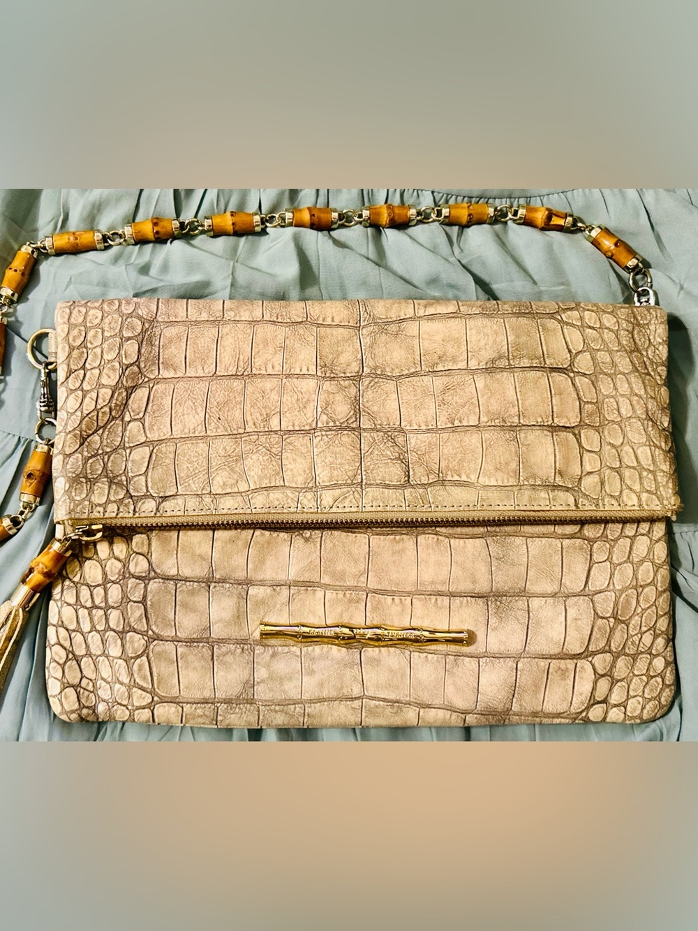 Elaine Turner Taupe Croc-Embossed Extendable Crossbody-Bamboo-Style Chain